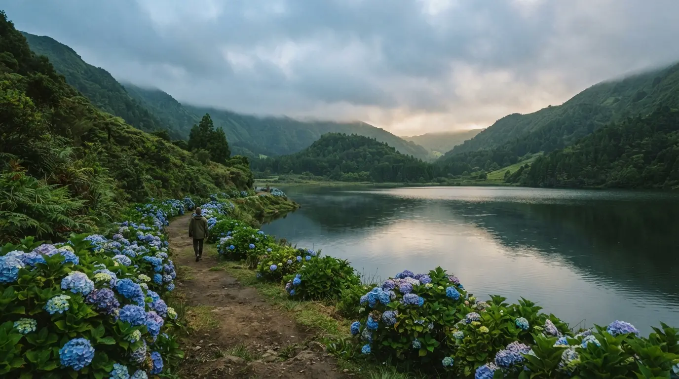 Lac de cratère aux Açores sous des nuages bas, pentes d'un vert profond, hortensias au bord d'un sentier désert