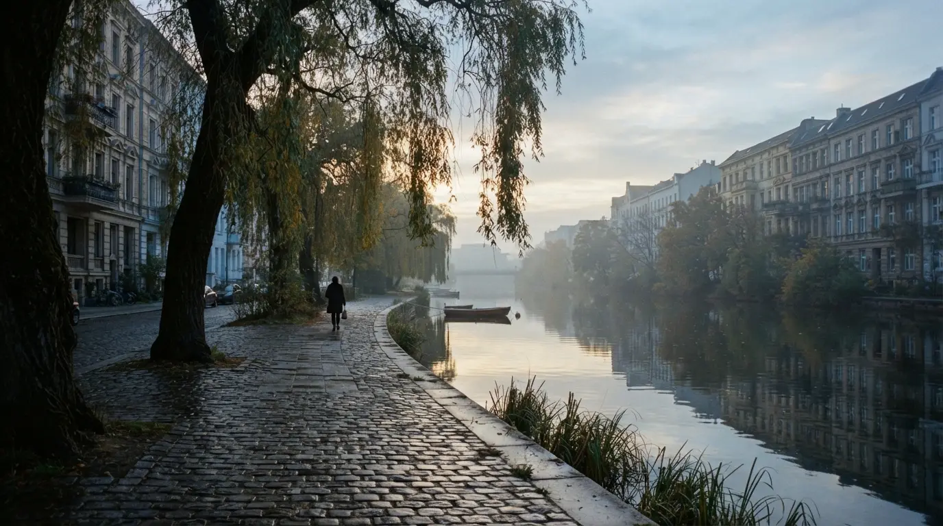 Berge du Landwehrkanal à Berlin au petit matin, saules au-dessus de l'eau, pavés, immeubles anciens dans une lumière douce