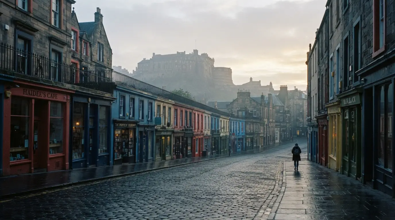 Victoria Street à Édimbourg au petit matin, façades colorées en courbe, pavés humides, château estompé dans la brume