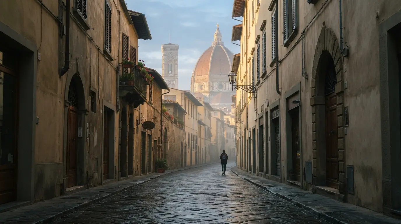 Ruelle pavée de l'Oltrarno à Florence au petit matin, façades ocre, dôme de la cathédrale aperçu entre les toits dans une lumière dorée