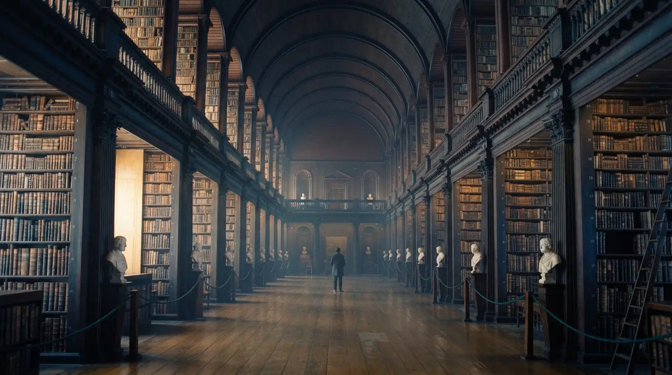 Long hall de la vieille bibliothèque de Trinity College à Dublin, rayonnages de bois sombre, lumière douce tombant des hautes fenêtres