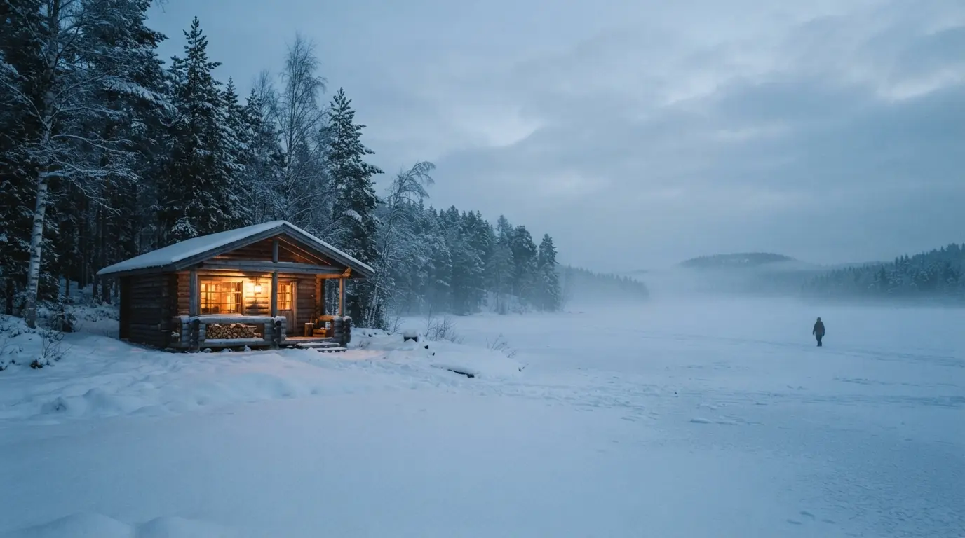Chalet de bois isolé au bord d'un lac gelé en Finlande au crépuscule bleu, fenêtres chaleureusement éclairées, neige intacte