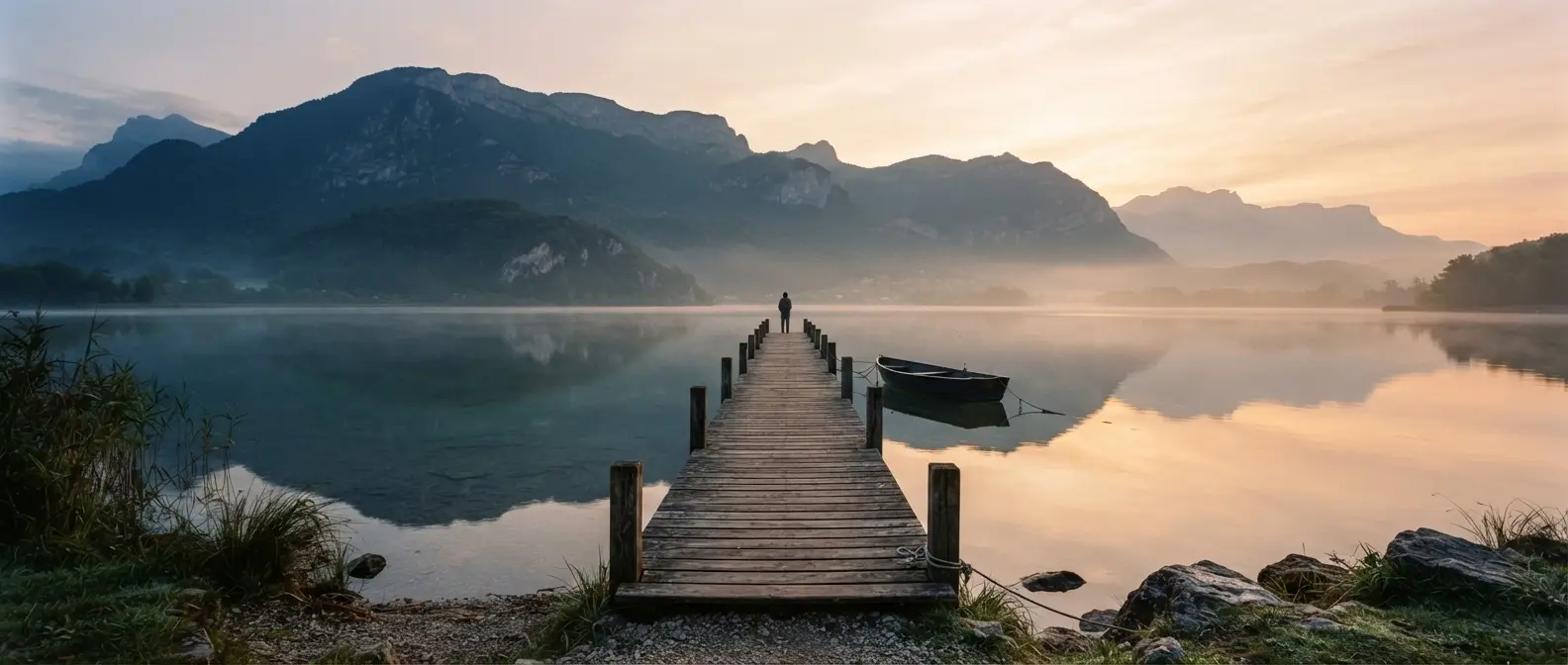 Lac alpin au lever du jour, ponton de bois désert s'avançant dans une eau parfaitement lisse, montagnes en silhouettes bleutées, brume dorée, une barque amarrée