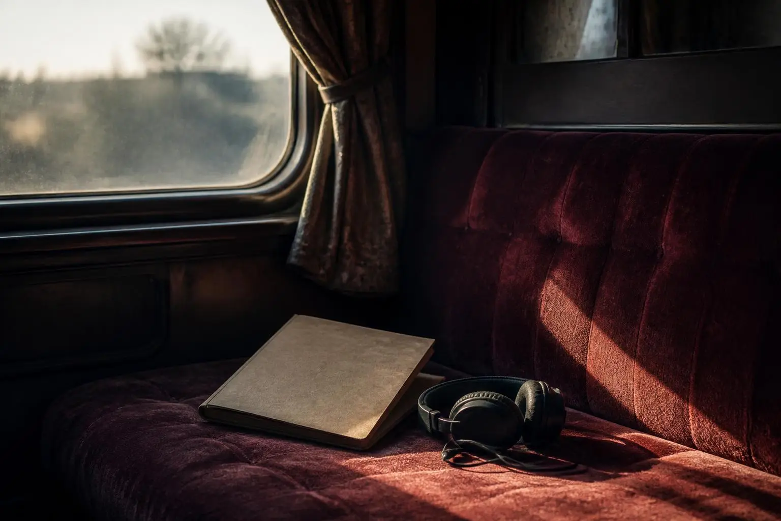 Banquette de compartiment de train, carnet ouvert et casque posé dessus, rideau à demi tiré