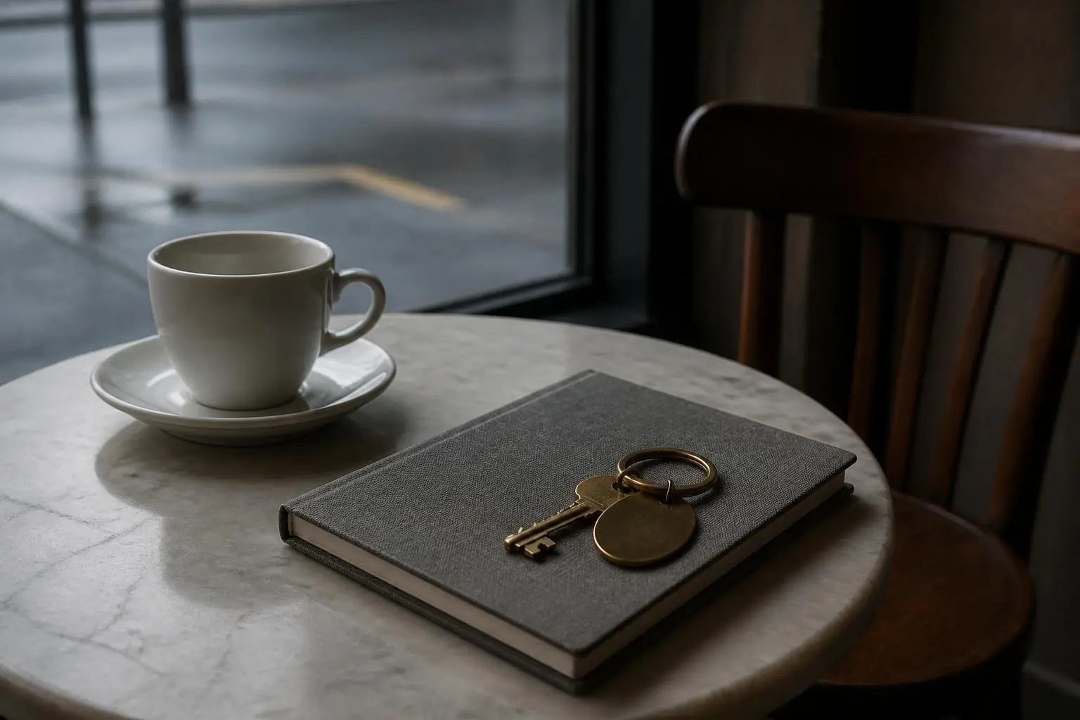Table de café près d'une vitre, tasse vide, carnet fermé et clé de chambre posés dessus