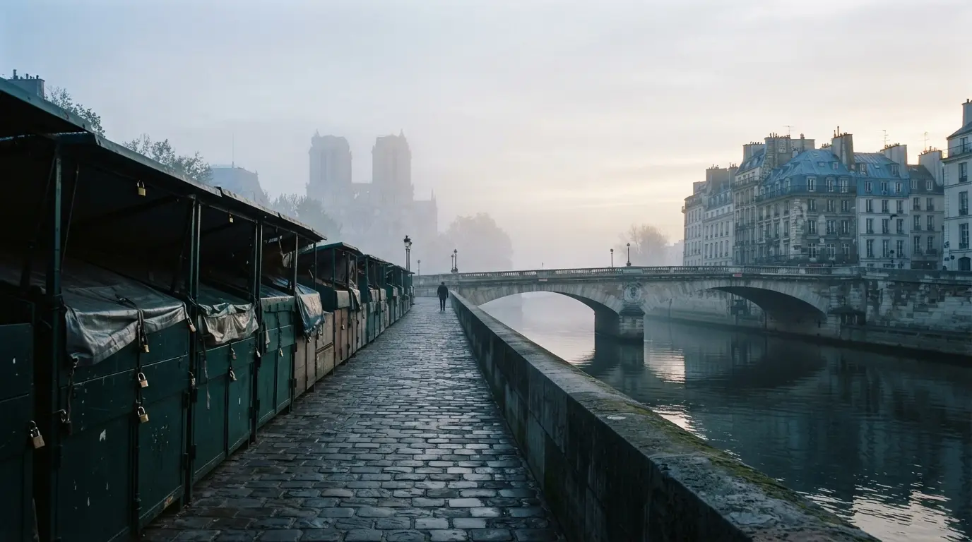 Quai de la Seine à Paris au lever du jour, bouquinistes fermés, pont de pierre dans la brume, toits de zinc bleutés