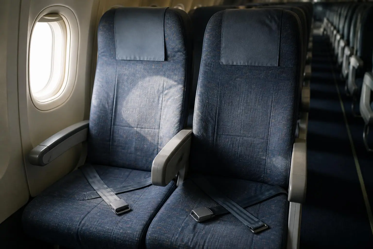 Paire de sièges d'avion le long d'un hublot, cabine vide avant l'embarquement