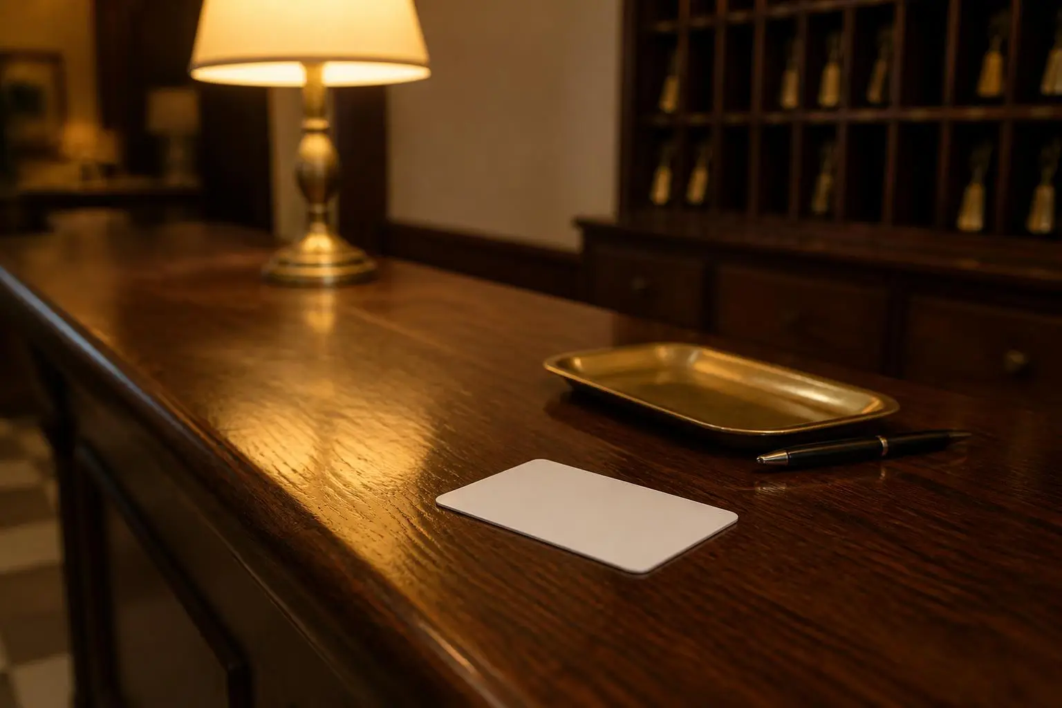 Comptoir de réception d'hôtel désert, une carte-clé posée sur le bois verni