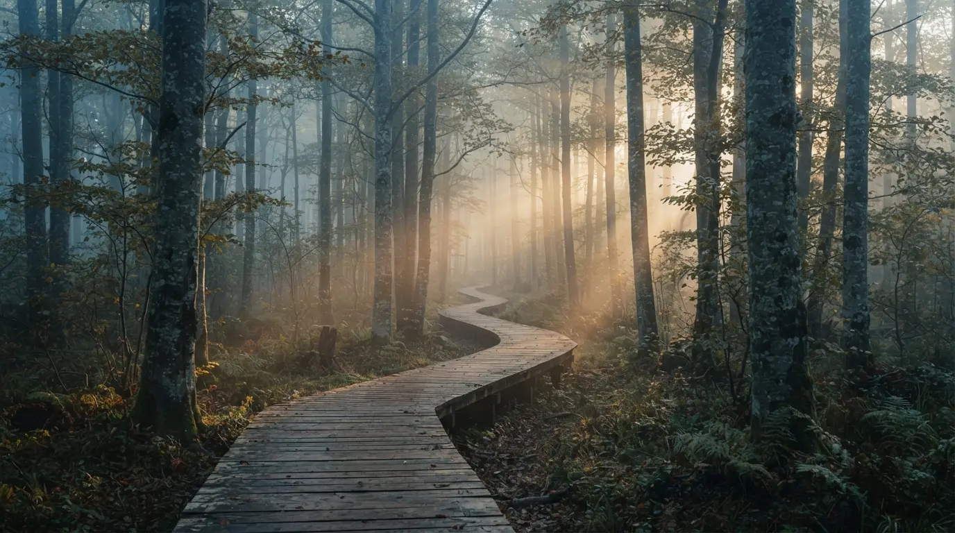 Sentier de forêt de hêtres au petit matin, rayons de lumière entre les troncs, une passerelle de bois, personne