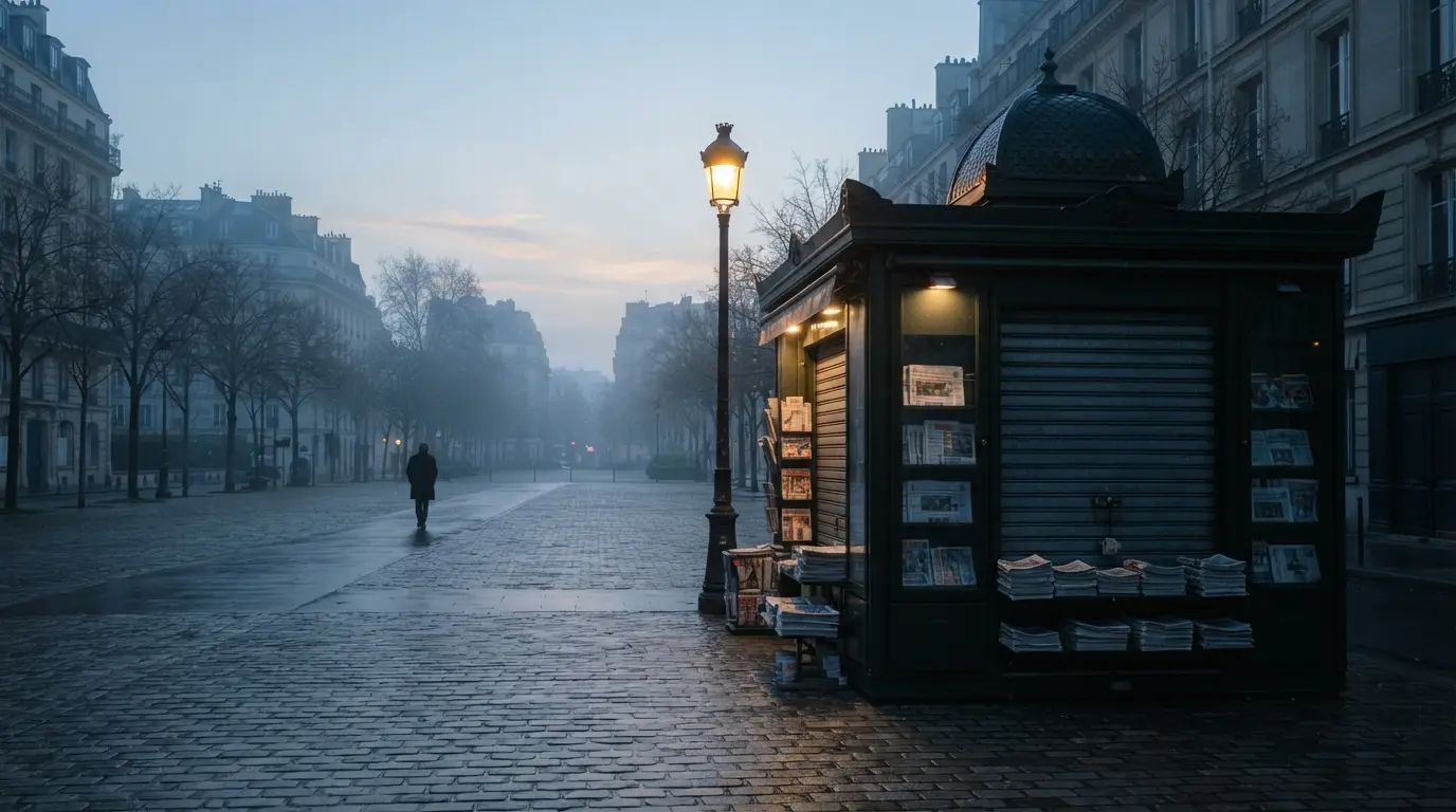 Kiosque à journaux fermé sur une place déserte au petit matin, journaux empilés, lampadaire encore allumé, brume légère