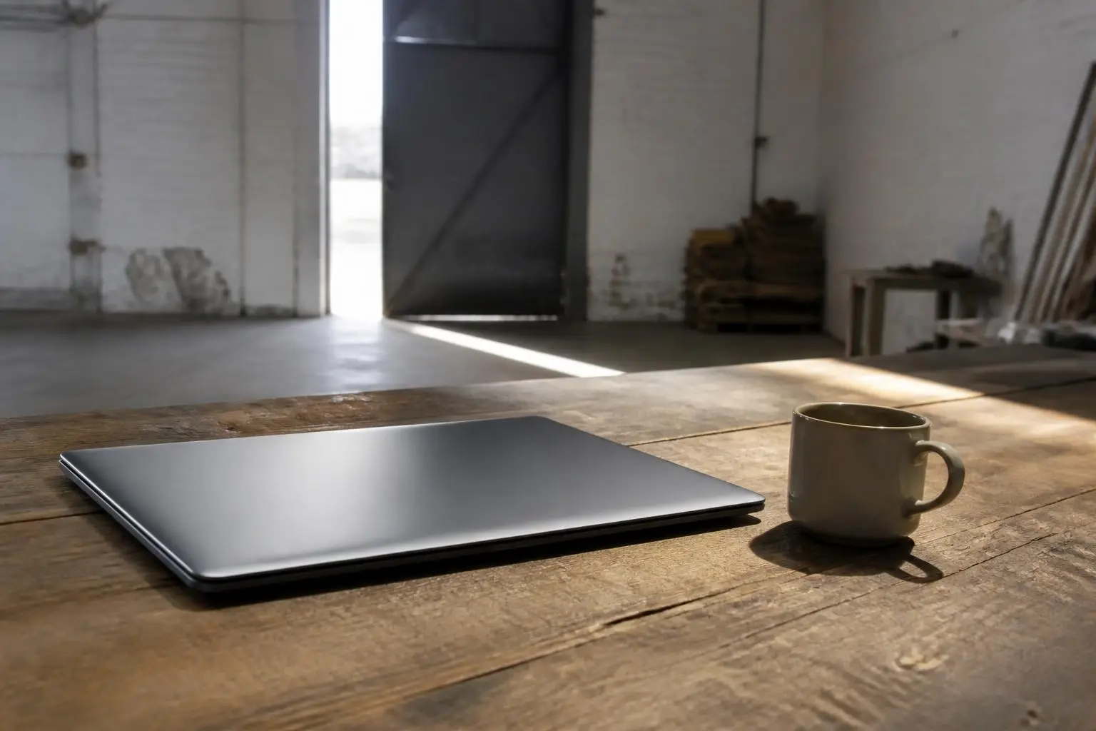 Ordinateur portable fermé sur une table en bois brut, dans un hangar aux murs de béton