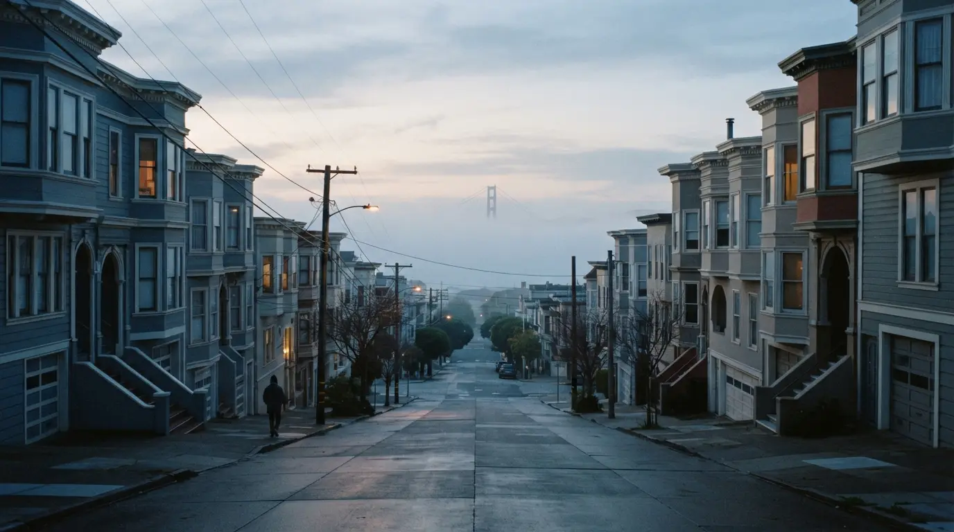 Rue en pente déserte de San Francisco au petit matin, maisons victoriennes, nappe de brouillard sur la baie et pont suspendu à peine visible