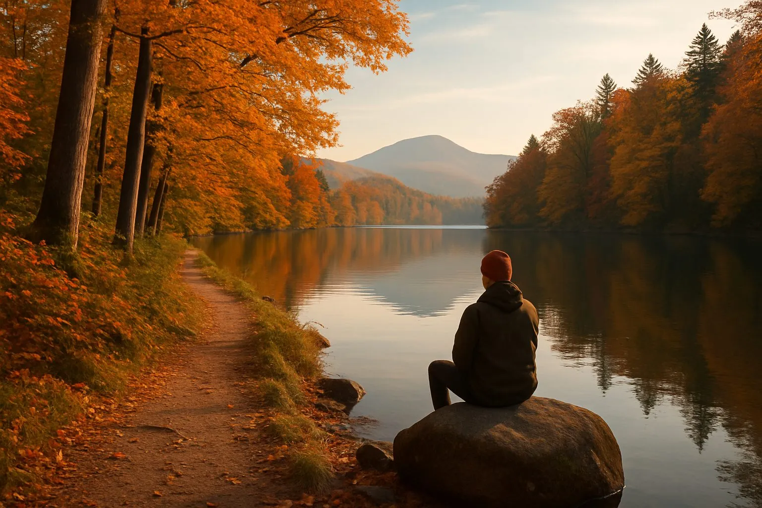 Voyageur assis sur un rocher au bord d'un lac cerné de forêts aux couleurs d'automne