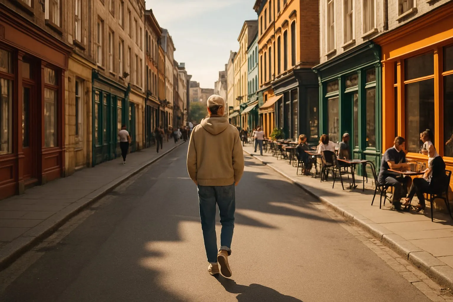 Homme flânant au milieu d'une rue aux façades colorées, terrasses de café sur le trottoir