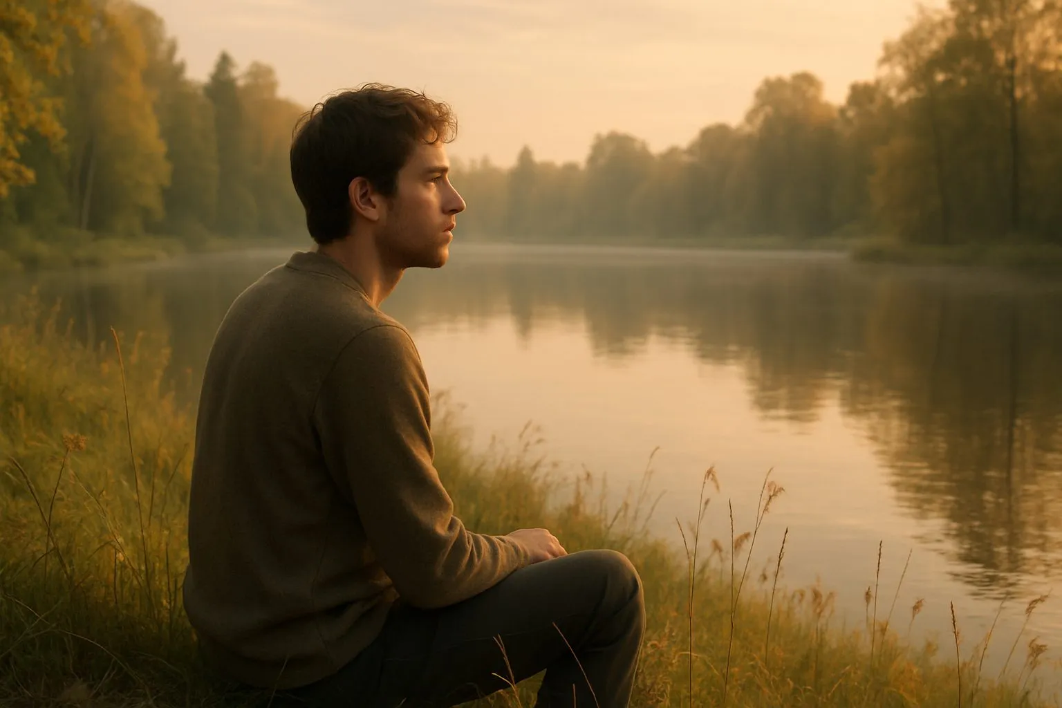 Homme assis dans les herbes hautes, observant un lac embrumé au petit matin