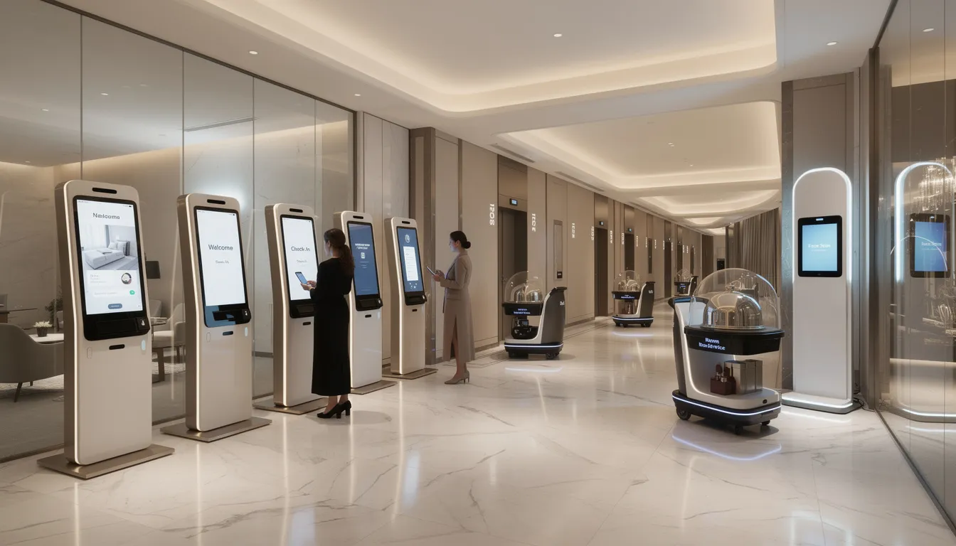 Couloir d'hôtel futuriste avec bornes d'enregistrement automatique et chariots de service robotisés